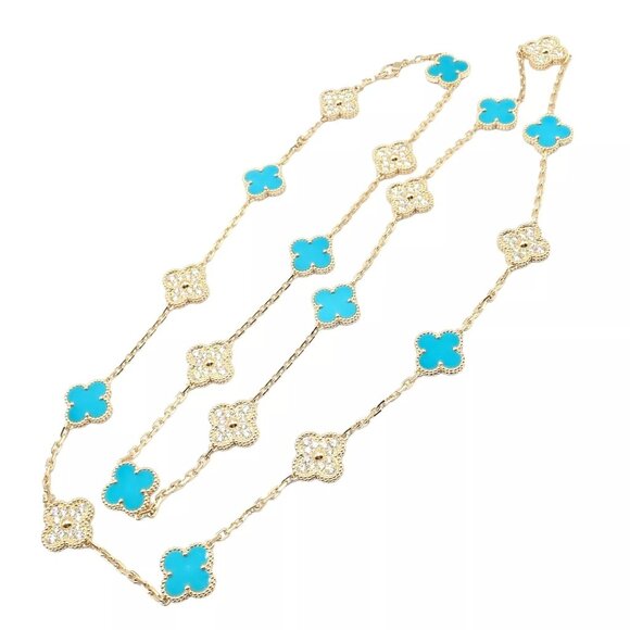 Van Cleef & Arpels 18k Yellow Gold 20 Motif Alhambra Diamond Turquoise Necklace - Picture 2 of 16